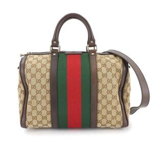 GUCCI GG Canvas Mini Boston Shoulder Bag Leather Brown 247205 90289274